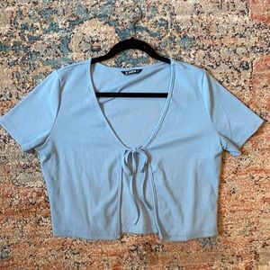 Rib Knit Light Blue Tie Front Cardigan